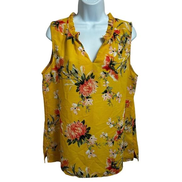 Rose + Olive Yellow Floral Blouse Sz Large Sleeveless Top Loose V-Neck - Picture 2 of 7